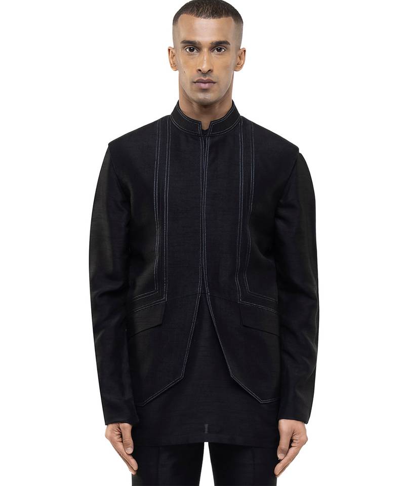 Black plain silk Kurta Bandi set