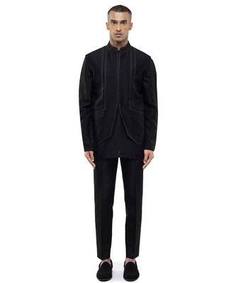 Black plain silk Kurta Bandi set 2