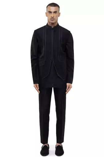 Black plain silk Kurta Bandi set