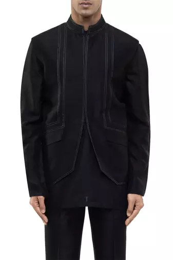 Black plain silk Kurta Bandi set