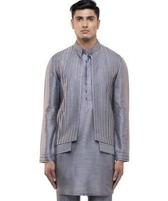 Grey plain silk Kurta Bandi set 1