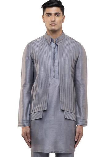 Grey plain silk Kurta Bandi set
