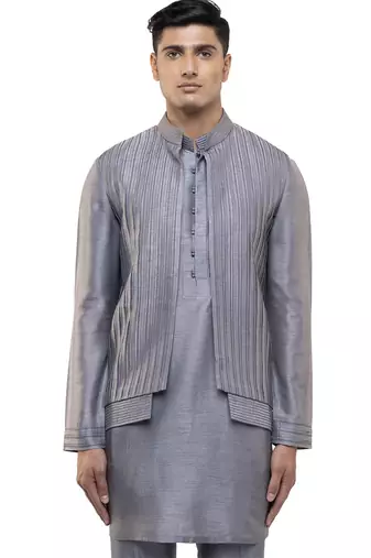 Grey plain silk Kurta Bandi set