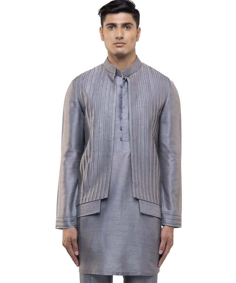 Grey plain silk Kurta Bandi set