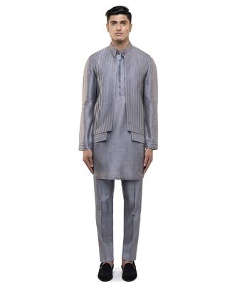 Grey plain silk Kurta Bandi set 2