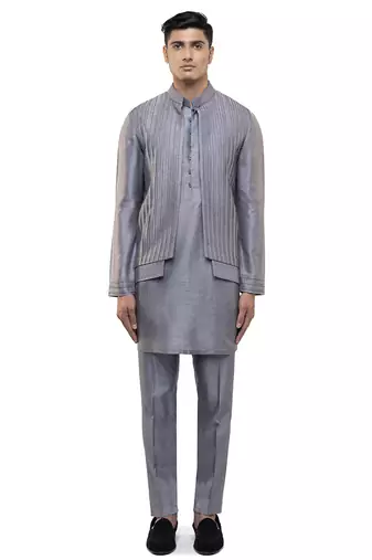 Grey plain silk Kurta Bandi set
