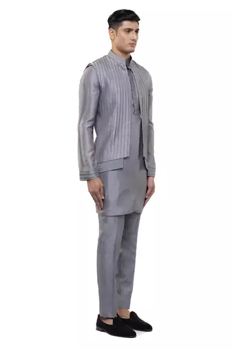 Grey plain silk Kurta Bandi set