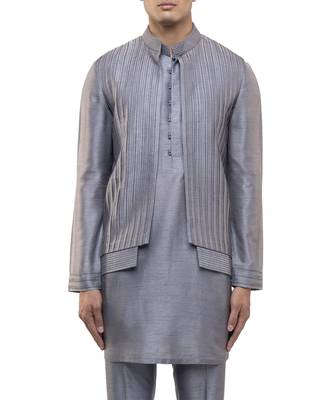 Grey plain silk Kurta Bandi set 5