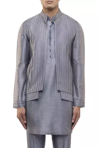 Grey plain silk Kurta Bandi set