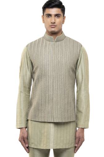 Green embroidered silk Kurta Bandi set