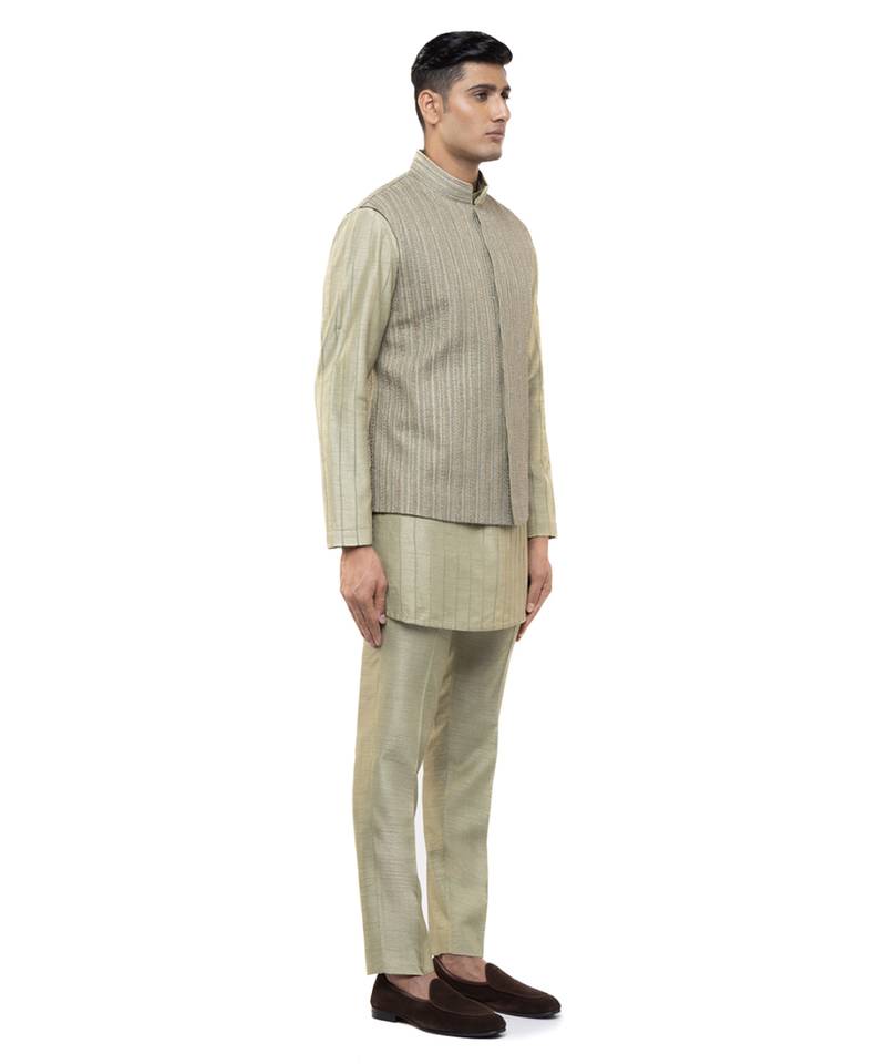 Green embroidered silk Kurta Bandi set