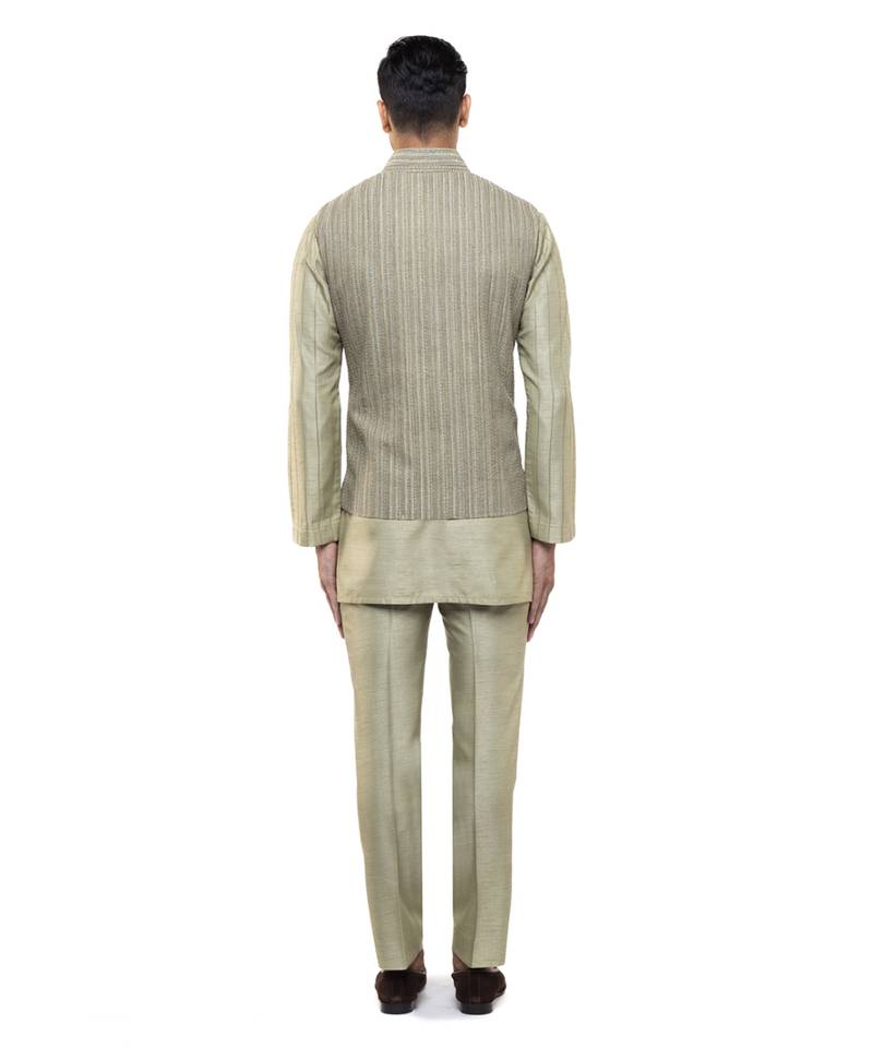 Green embroidered silk Kurta Bandi set