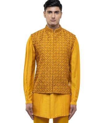 Yellow embroidered silk Kurta Bandi set 1