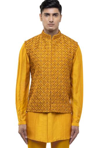 Yellow embroidered silk Kurta Bandi set