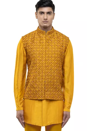 Yellow embroidered silk Kurta Bandi set