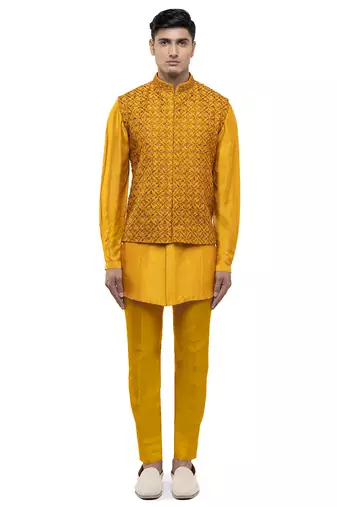 Yellow embroidered silk Kurta Bandi set