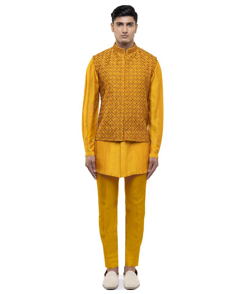Yellow embroidered silk Kurta Bandi set