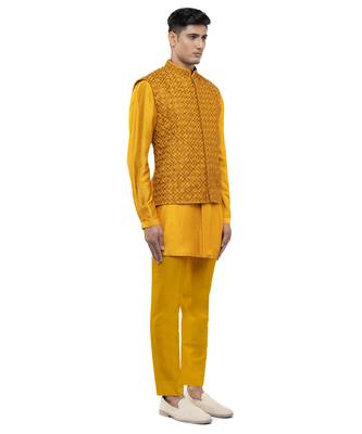 Yellow embroidered silk Kurta Bandi set 3