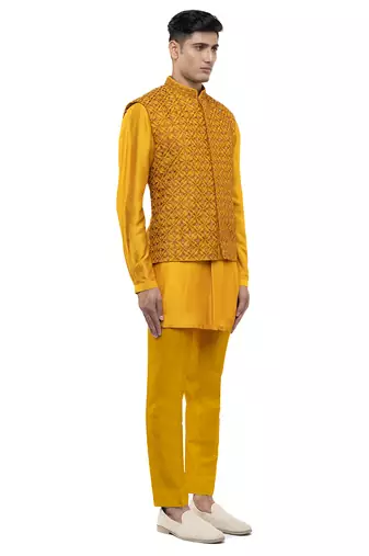 Yellow embroidered silk Kurta Bandi set
