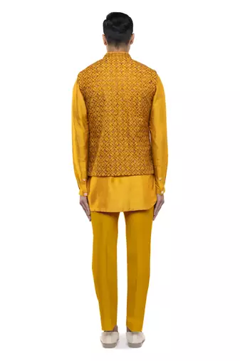 Yellow embroidered silk Kurta Bandi set