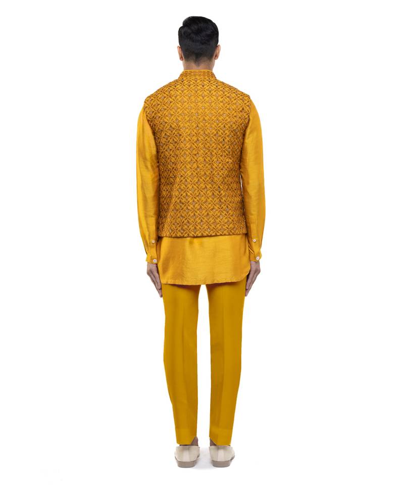 Yellow embroidered silk Kurta Bandi set