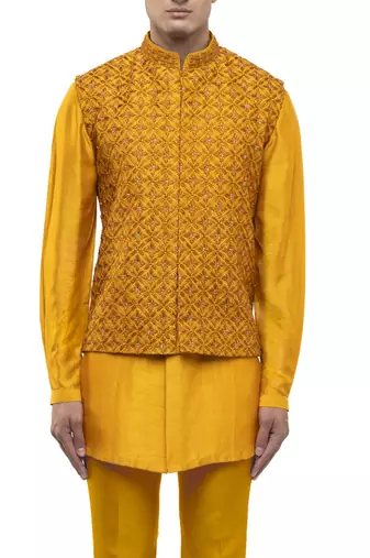 Yellow embroidered silk Kurta Bandi set