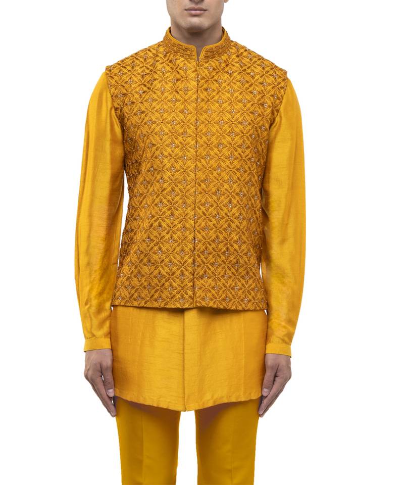 Yellow embroidered silk Kurta Bandi set