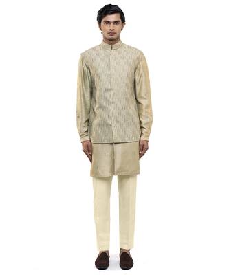 Green embroidered silk Kurta Bandi set 1