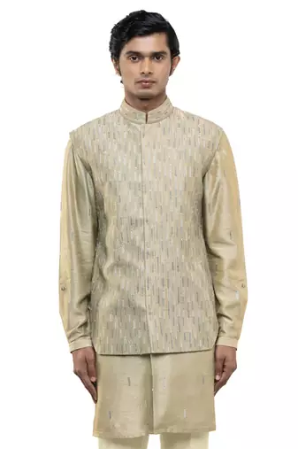 Green embroidered silk Kurta Bandi set