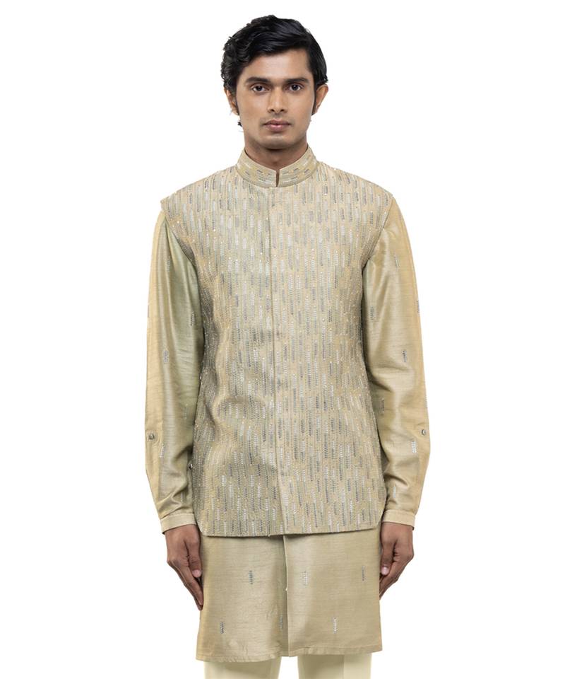 Green embroidered silk Kurta Bandi set