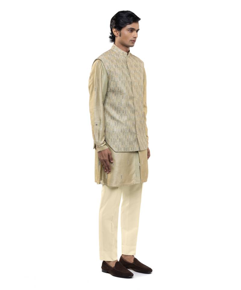 Green embroidered silk Kurta Bandi set