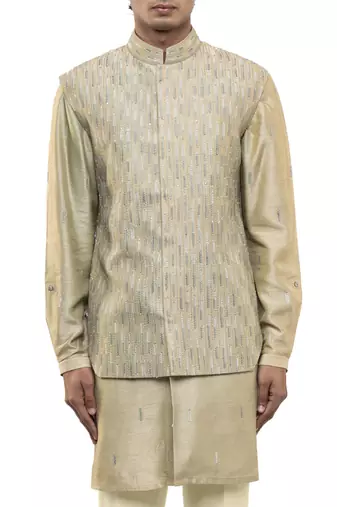 Green embroidered silk Kurta Bandi set
