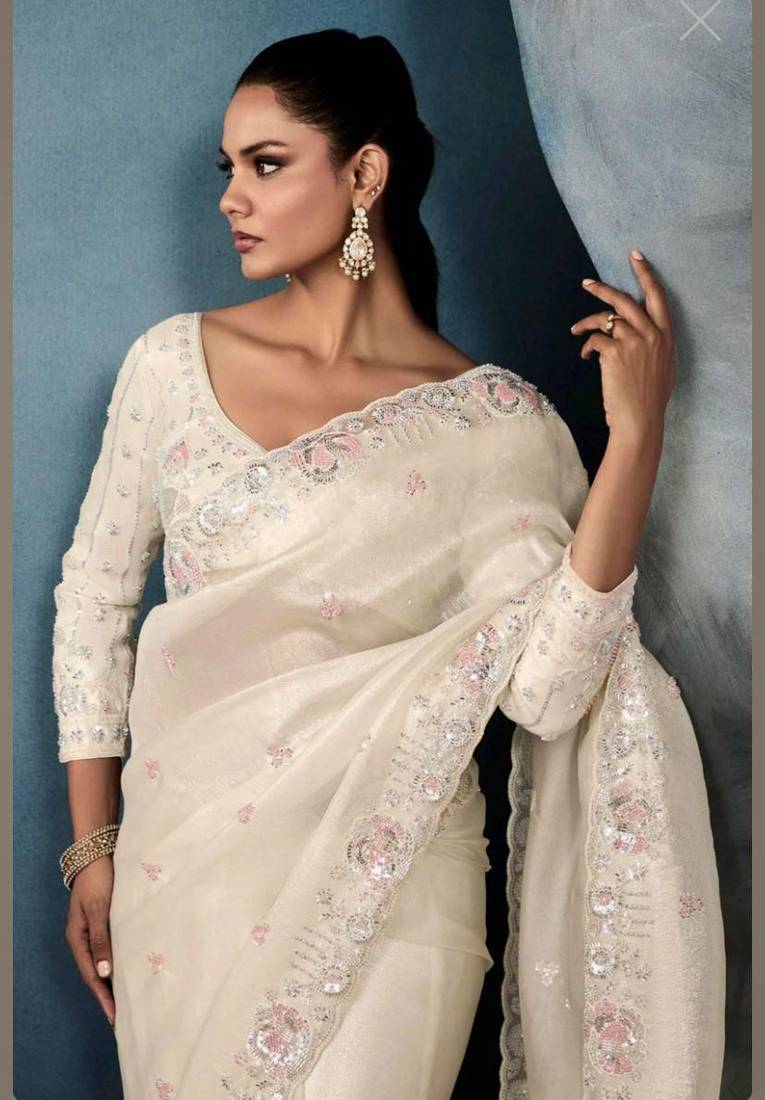 ivory gold crushed saree with thread sequin work