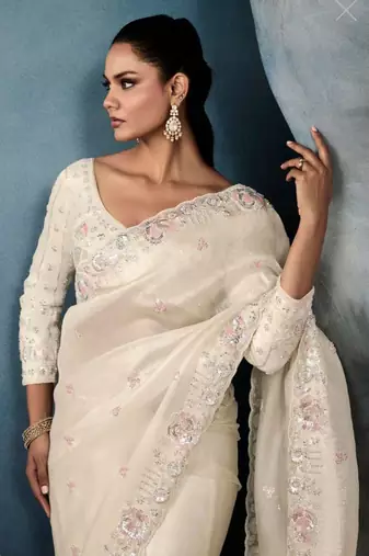 ivory gold crushed saree with thread sequin work