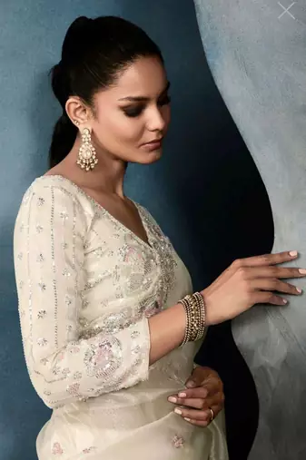 ivory gold crushed saree with thread sequin work