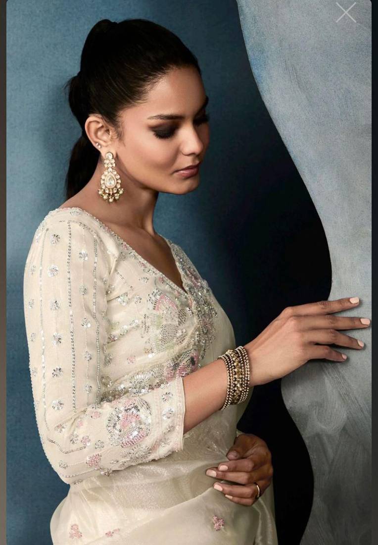 ivory gold crushed saree with thread sequin work