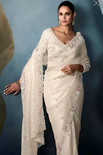 ivory gold crushed saree with thread sequin work
