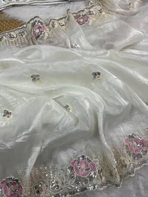 ivory gold crushed saree with thread sequin work 4