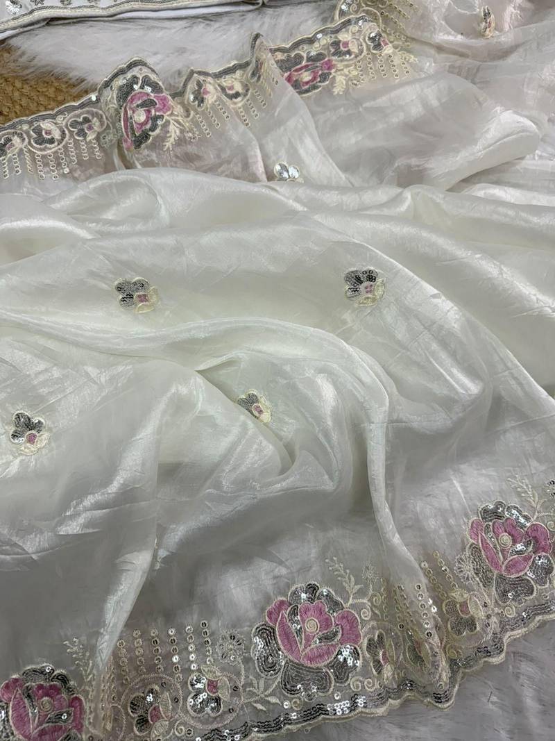 ivory gold crushed saree with thread sequin work
