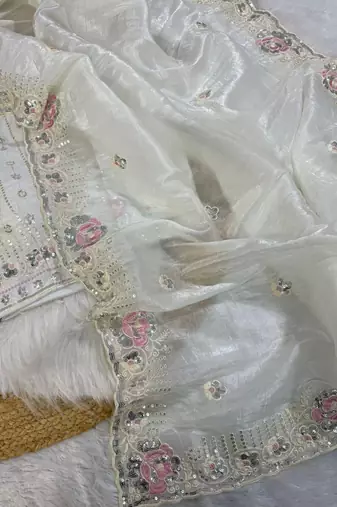 ivory gold crushed saree with thread sequin work