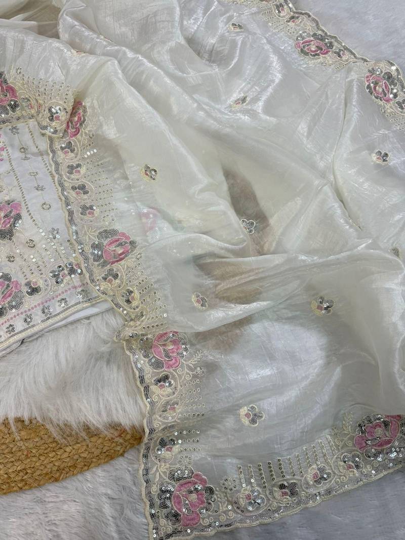 ivory gold crushed saree with thread sequin work