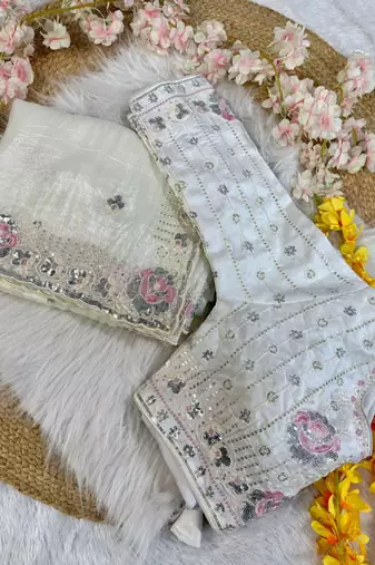 ivory gold crushed saree with thread sequin work
