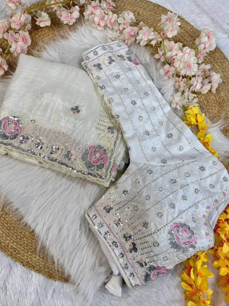 ivory gold crushed saree with thread sequin work