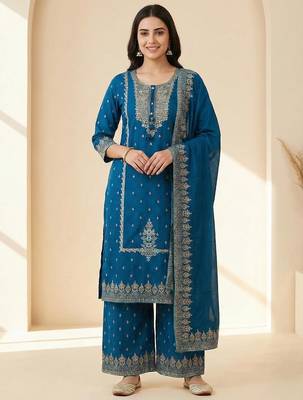 blue mirror-work cotton kurta set with embroidered dupatta 1