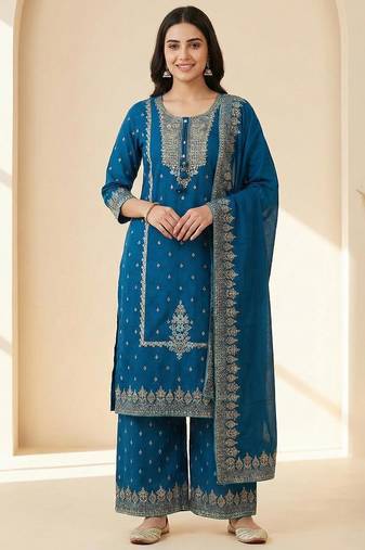 blue mirror-work cotton kurta set with embroidered dupatta