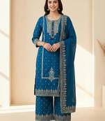 blue mirror-work cotton kurta set with embroidered dupatta