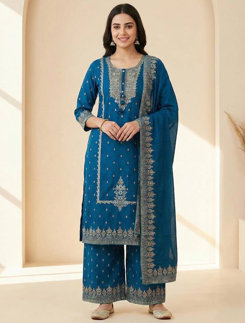 blue mirror-work cotton kurta set with embroidered dupatta
