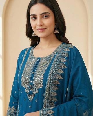 blue mirror-work cotton kurta set with embroidered dupatta 2
