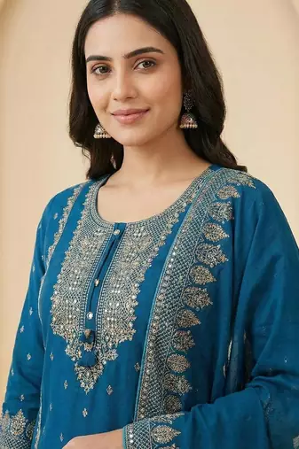 blue mirror-work cotton kurta set with embroidered dupatta