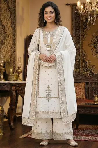 White golden-work cotton kurta set with embroidered dupatta